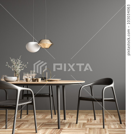 Interior of modern dining room, dining table and wooden chairs against black wall. 3d rendering Interior of modern dining room, dining table and wooden chairs against black wall. 3d rendering 103034063