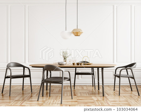 Black chairs and wooden dining table against of classic white paneling wall. Interior design of modern dining room. 3d rendering. Black chairs and wooden dining table against of classic white paneling wall. Interior design of modern dining room. 3d rendering. 103034064