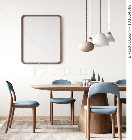 Interior of modern dining room, dining table and chairs against white wall with empty frame. 3d rendering Interior of modern dining room, dining table and chairs against white wall with empty frame. 3d rendering 103034065