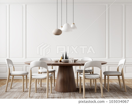 Interior of modern dining room, dining table and white chairs in room with paneling wall. Home design. 3d rendering Interior of modern dining room, dining table and white chairs in room with paneling wall. Home design. 3d rendering 103034067