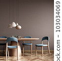 Interior of modern dining room, dining table and blue fabric chairs against beige wall. 3d rendering 103034069