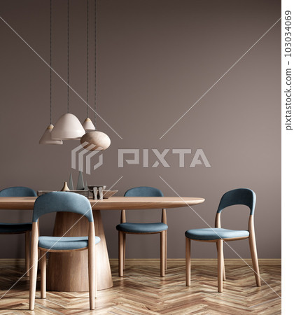 Interior of modern dining room, dining table and blue fabric chairs against beige wall. 3d rendering Interior of modern dining room, dining table and blue fabric chairs against beige wall. 3d rendering 103034069