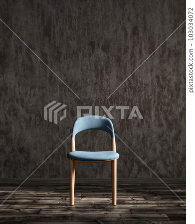 Blue fabric dining chair against dark stucco wall. 3d rendering Blue fabric dining chair against dark stucco wall. 3d rendering 103034072