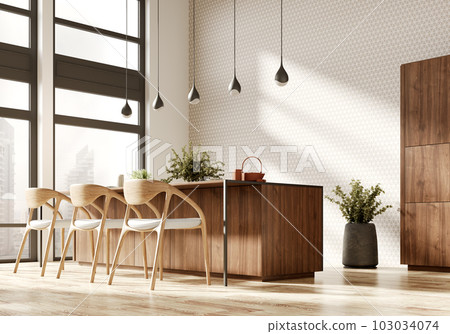 Wooden chairs near kitchen island. Interior design of modern dining room. 3d rendering. Wooden chairs near kitchen island. Interior design of modern dining room. 3d rendering. 103034074