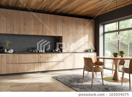 Modern interior design of wooden kitchen with round dining table and chairs near window, dining table and chairs. 3d rendering. Modern interior design of wooden kitchen with round dining table and chairs near window, dining table and chairs. 3d rendering. 103034075
