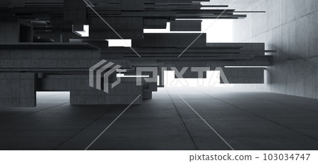 Abstract architectural minimalistic background. Contemporary showroom. Modern concrete exhibition tunnel. Empty gallery. Backlight. 3D illustration and rendering. Abstract architectural minimalistic background. Contemporary showroom. Modern concrete exhibition tunnel. Empty gallery. Backlight. 3D illustration and rendering. 103034747