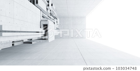 Abstract architectural minimalistic background. Contemporary showroom. Modern concrete exhibition tunnel. Empty gallery. Backlight. 3D illustration and rendering. 103034748