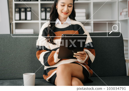 .Searching Browsing Internet Data Information Networking Concept with blank search bar.man working with mobile phone and laptop computer VR icon in office. .Searching Browsing Internet Data Information Networking Concept with blank search bar.man working with mobile phone and laptop computer VR icon in office. 103034791