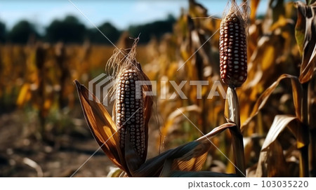 Close-up photo of corn cob in organic corn field 103035220