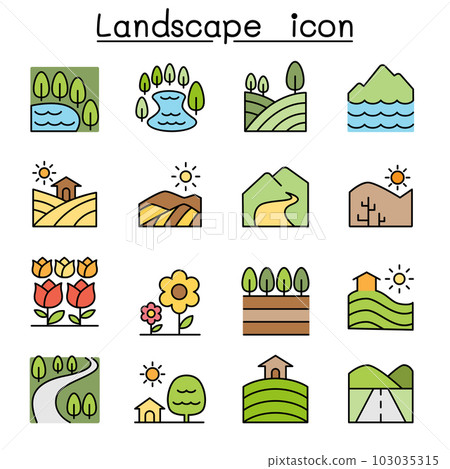 Landscape color line icon set Landscape color line icon set 103035315
