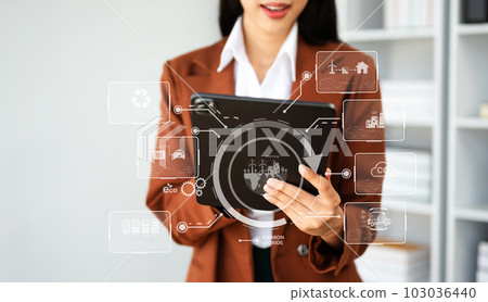 Business working with reduce CO2 concept with icons, global warming such as reforest green factory recycle and zero carbon dioxide emission concept. with VR icon. Business working with reduce CO2 concept with icons, global warming such as reforest green factory recycle and zero carbon dioxide emission concept. with VR icon. 103036440