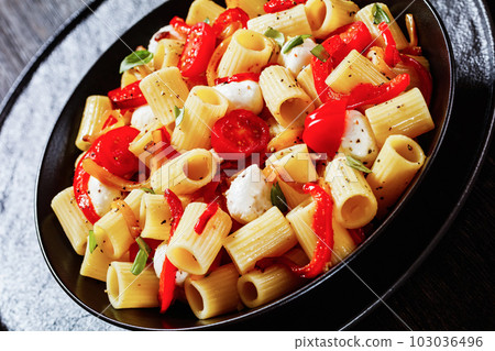 pepper tomato mozzarella pasta salad in bowl pepper tomato mozzarella pasta salad in bowl 103036496