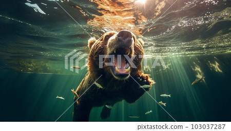 Bear swimming under water, fishing, The Kamchatka brown bear, Ursus arctos beringianus catches salmons at Kuril Lake in Kamchatka, running in the water, action picture Bear swimming under water, fishing, The Kamchatka brown bear, Ursus arctos beringianus catches salmons at Kuril Lake in Kamchatka, running in the water, action picture 103037287
