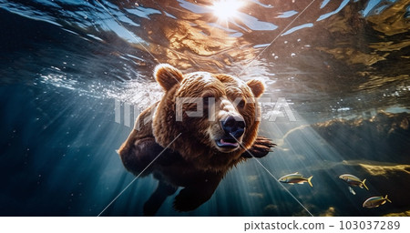 Bear swimming under water, fishing, The Kamchatka brown bear, Ursus arctos beringianus catches salmons at Kuril Lake in Kamchatka, running in the water, action picture Bear swimming under water, fishing, The Kamchatka brown bear, Ursus arctos beringianus catches salmons at Kuril Lake in Kamchatka, running in the water, action picture 103037289