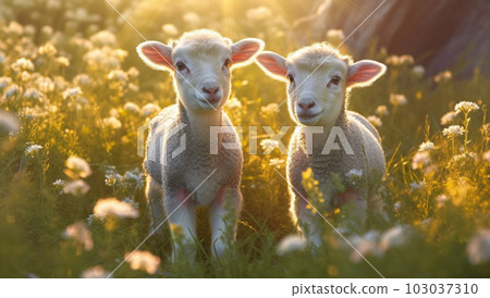 cute little lambs with sheep on fresh green meadow during sunrise Newborn lambs in flower field, cute summer landscape 103037310