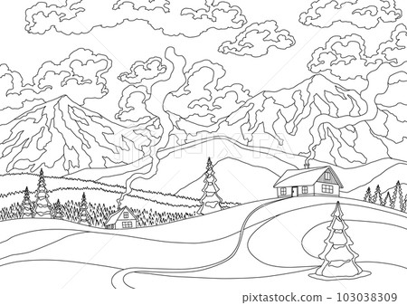 Winter landscape, snowy pines on foreground and mountains peaks, hills, clouds on sky background. Coloring illustration. Vector drawing of snow-covered field. Mountains winter snowy landscape 103038309