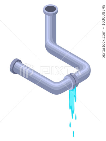 Leaking pipes isometric. Broken pipe tube with leaking water. Plumbing construction pipeline with damage element. 3d industrial water system 103038548