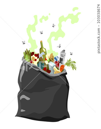 Garbage or waste icon. Plastic garbage container with unsorted trash. Rubbish bag that smells ugly and started to decompose. Ecology and environment concept. Isolated on white background Garbage or waste icon. Plastic garbage container with unsorted trash. Rubbish bag that smells ugly and started to decompose. Ecology and environment concept. Isolated on white background 103038674
