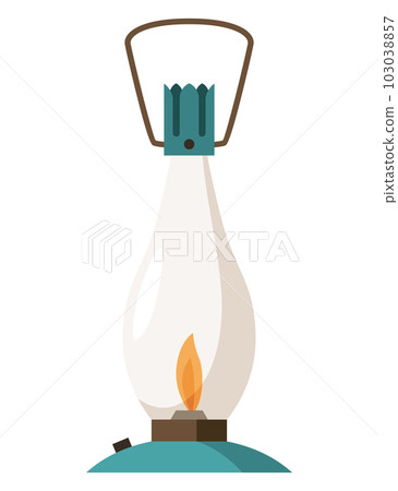 Vintage camping lantern or oil lamp. Handle gas lamps for tourist hiking. Flame glow camp fuel burn isolated on white background 103038857