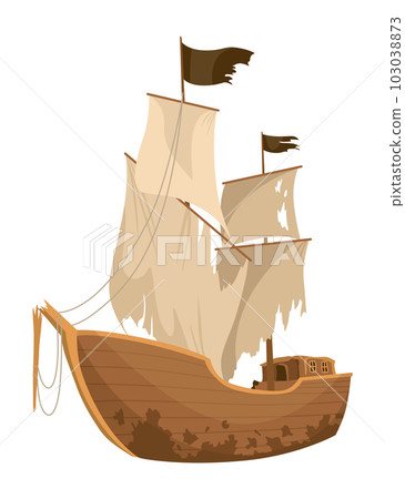 Broken ship icon. Cartoon wooden battered ship with tattered flag and sails after wreck or attack. Destroyed, wreck ship isolated on white background 103038873