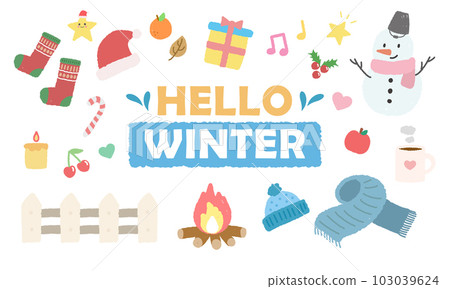 Hand-painted wax-style winter elements, cute decorations and birthday illustrations 103039624