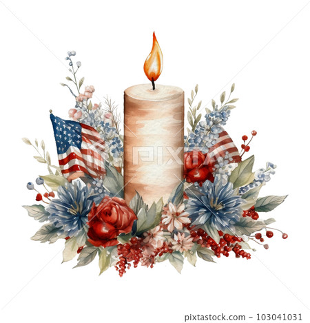 Watercolor 4th of July Independence Day Candles Flowers Cosy Decoration Illustration Clipart 103041031