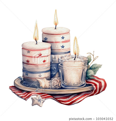 Watercolor 4th of July Independence Day Candles Flowers Cosy Decoration Illustration Clipart 103041032