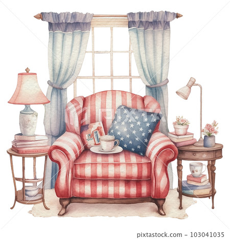 Watercolor 4th of July Independence Day Cozy Home Decoration with Sofa and Window Corner Illustration Clipart Watercolor 4th of July Independence Day Cozy Home Decoration with Sofa and Window Corner Illustration Clipart 103041035