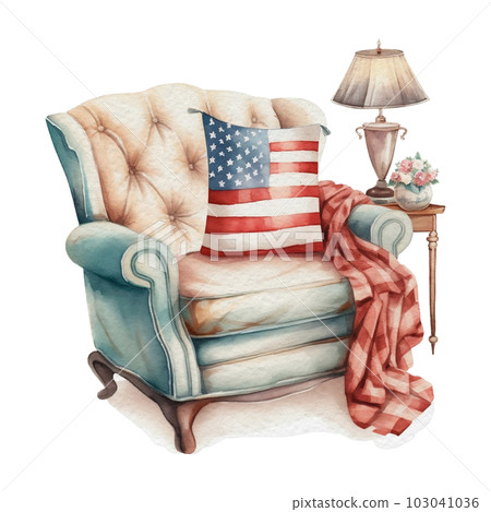 Watercolor 4th of July Independence Day cozy home decoration wingback sofa Illustration Clipart Watercolor 4th of July Independence Day cozy home decoration wingback sofa Illustration Clipart 103041036