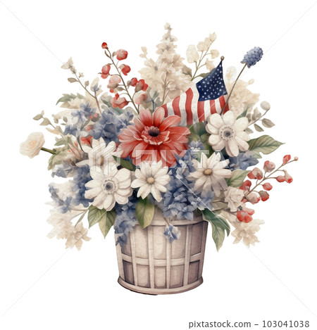 Watercolor 4th of July Independence Day Cozy Home Decoration Flowers pot Illustration Clipart 103041038