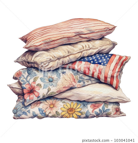 Watercolor 4th of July Independence Day Cosy Decoration Vintage Pile of Pillows Illustration Clipart 103041041
