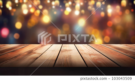 Empty wooden table top on blurred abstract bright bokeh background. Empty wooden table top on blurred abstract bright bokeh background. 103043509