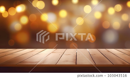 Empty wooden table top on blurred abstract bright bokeh background. 103043516