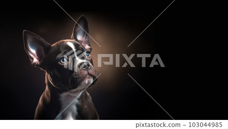 Portrait of Black French Bulldog on black background, cute adorable puppy on dark background copy space, studio portrait 103044985