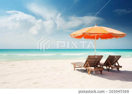 Beach chairs and an umbrella on a sandy beach, offering a peaceful escape with a stunning view of the blue sea and sky, AI Generative. Beach chairs and an umbrella on a sandy beach, offering a peaceful escape with a stunning view of the blue sea and sky, AI Generative. 103045569