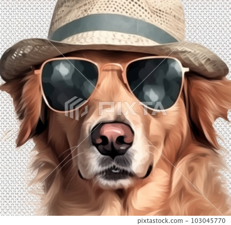 Painted portrait of a dog with a hat and sunglasses, vacation concept, Generated AI Painted portrait of a dog with a hat and sunglasses, vacation concept, Generated AI 103045770