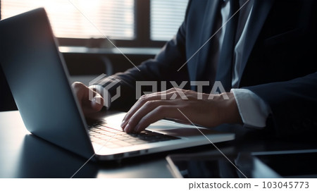 Hands of a man sitting at his laptop in the office at work, Generated AI Hands of a man sitting at his laptop in the office at work, Generated AI 103045773