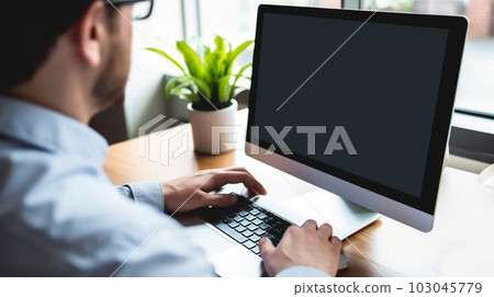 Hands of a man sitting at his laptop in the office at work, Generated AI Hands of a man sitting at his laptop in the office at work, Generated AI 103045779