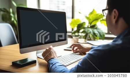 Businessman sitting at his laptop in the office at work, Generated AI 103045780