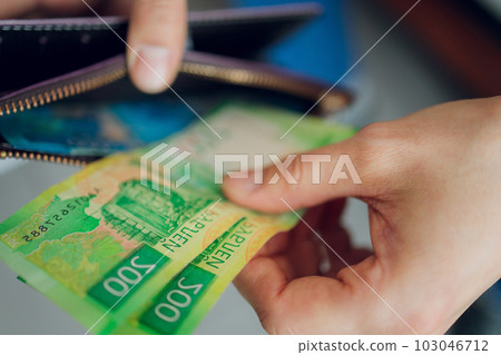 Russian rubles in the hands of a business man. 103046712