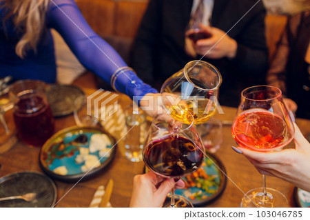 Clinking glasses with alcohol and toasting, party. 103046785