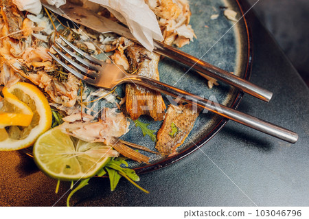 a half eaten plate of food. Everyone's got to eat. a half eaten plate of food. Everyone's got to eat. 103046796