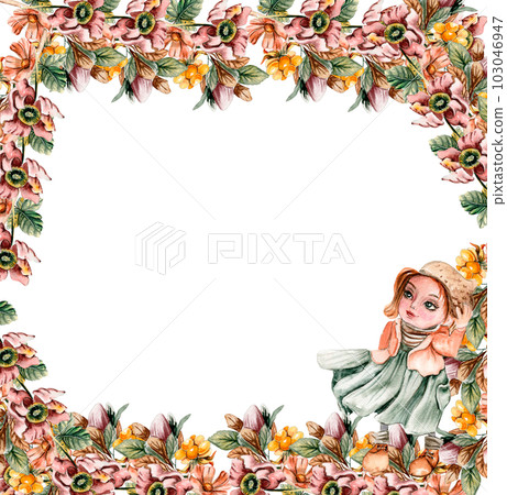 Flowers autumn square frame, border for card. Watercolor illustration for scrapbooking isolated in white background. Hand drawn background with flower for design. Perfect for wedding invitation. Flowers autumn square frame, border for card. Watercolor illustration for scrapbooking isolated in white background. Hand drawn background with flower for design. Perfect for wedding invitation. 103046947