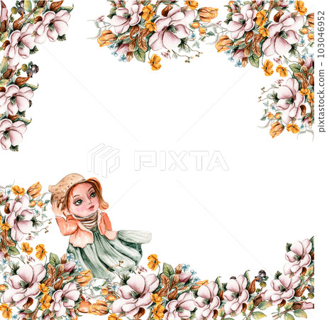 Flowers autumn square frame, border for card. Watercolor illustration for scrapbooking isolated in white background. Hand drawn background with flower for design. Perfect for wedding invitation. 103046952