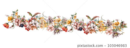 Flowers autumn border for card. Watercolor illustration for scrapbooking isolated in white background. Hand drawn background with flower for design. Perfect for wedding invitation. Flowers autumn border for card. Watercolor illustration for scrapbooking isolated in white background. Hand drawn background with flower for design. Perfect for wedding invitation. 103046983