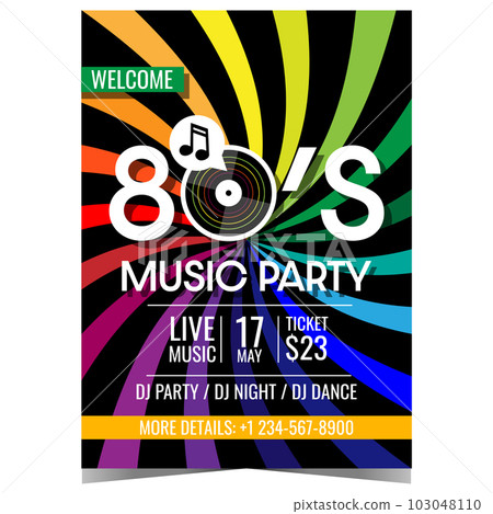 Retro music party banner or poster design. Vector illustration with colourful stripes and vinyl record on background suitable for 80's retro music live concert invitation, promo leaflet or flyer. 103048110