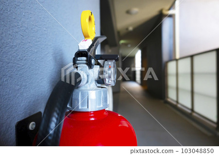 Fire extinguisher installed in the aisle of the apartment 103048850