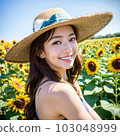 AI-generated beauty, a woman with a straw hat looking back in a sunflower field 103048999
