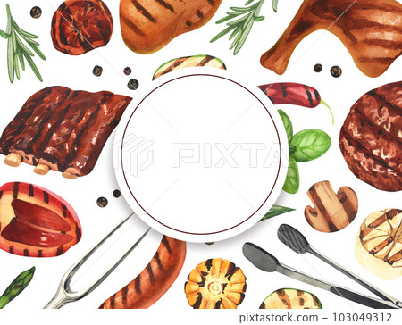 Watercolor frame barbecue. Elements for cooking bbq - grill, chicken and meat. Hand-drawn illustration isolated on white background. Perfect concept food menu, food drawing, design packing, barbecue 103049312