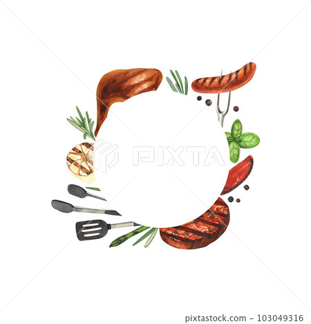 Watercolor round frame barbecue. Elements for cooking bbq - grill, chicken and meat. Hand-drawn illustration isolated on white background. Perfect concept food menu, design packing, for cooking 103049316
